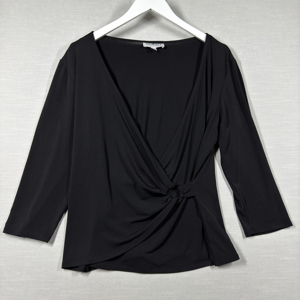 Vintage Studio I Blouse Womens 16 Black Top‎ Shirt Flowy Draped Wrap Office Chic